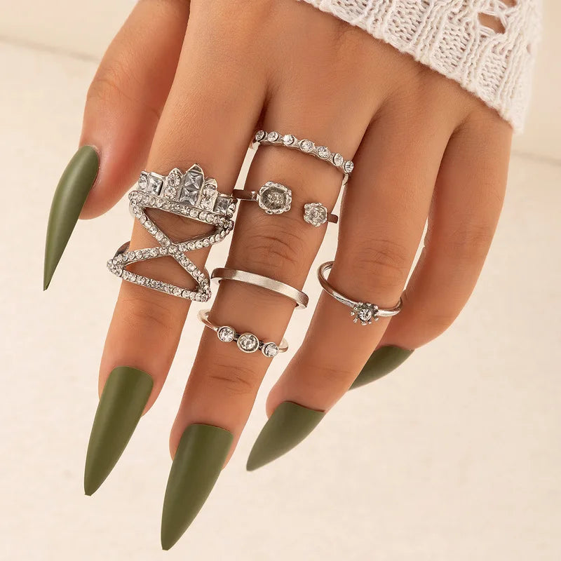 6pcs/Set Bohemia Crystal Heart Crown Flower Rings for Women Gothic Joint Midi Ring Set Fashion Knuckle Jewelry Anillos 6pcs/set