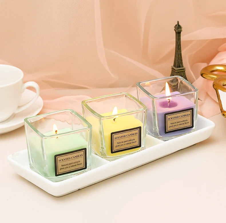 Quadrate Glass Cup Vegetable Wax Scented Candles Smoke-Free Soy Wax Indoor Hotel Handmade Romantic Fragrance Candles