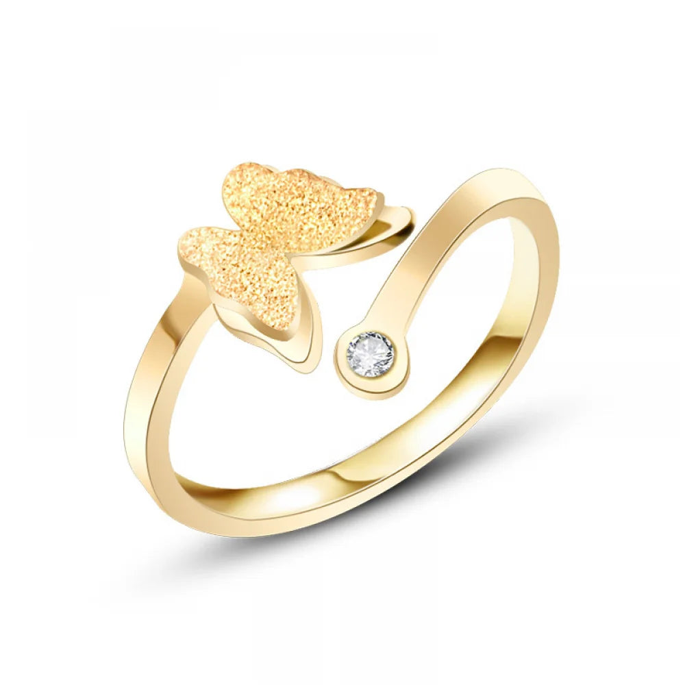 Women Fashion Jewelry 18k Gold Plated Stainless Steel Matte Diamond Open Adjustable butterfly Ring