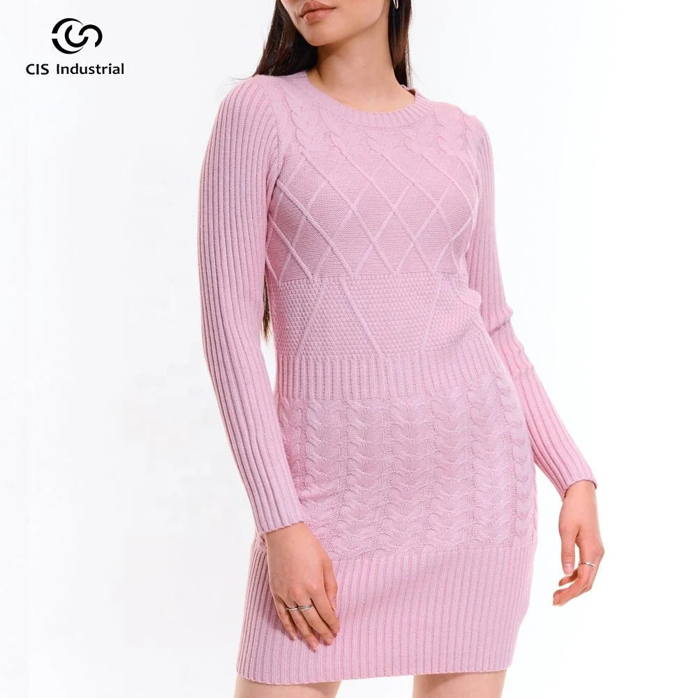 Autumn Custom Jacquard Dress for Women Y2K Round Neck Twist Flared Long Sleeve Knit Maxi Front Logo Casual Winter Sweater Dress