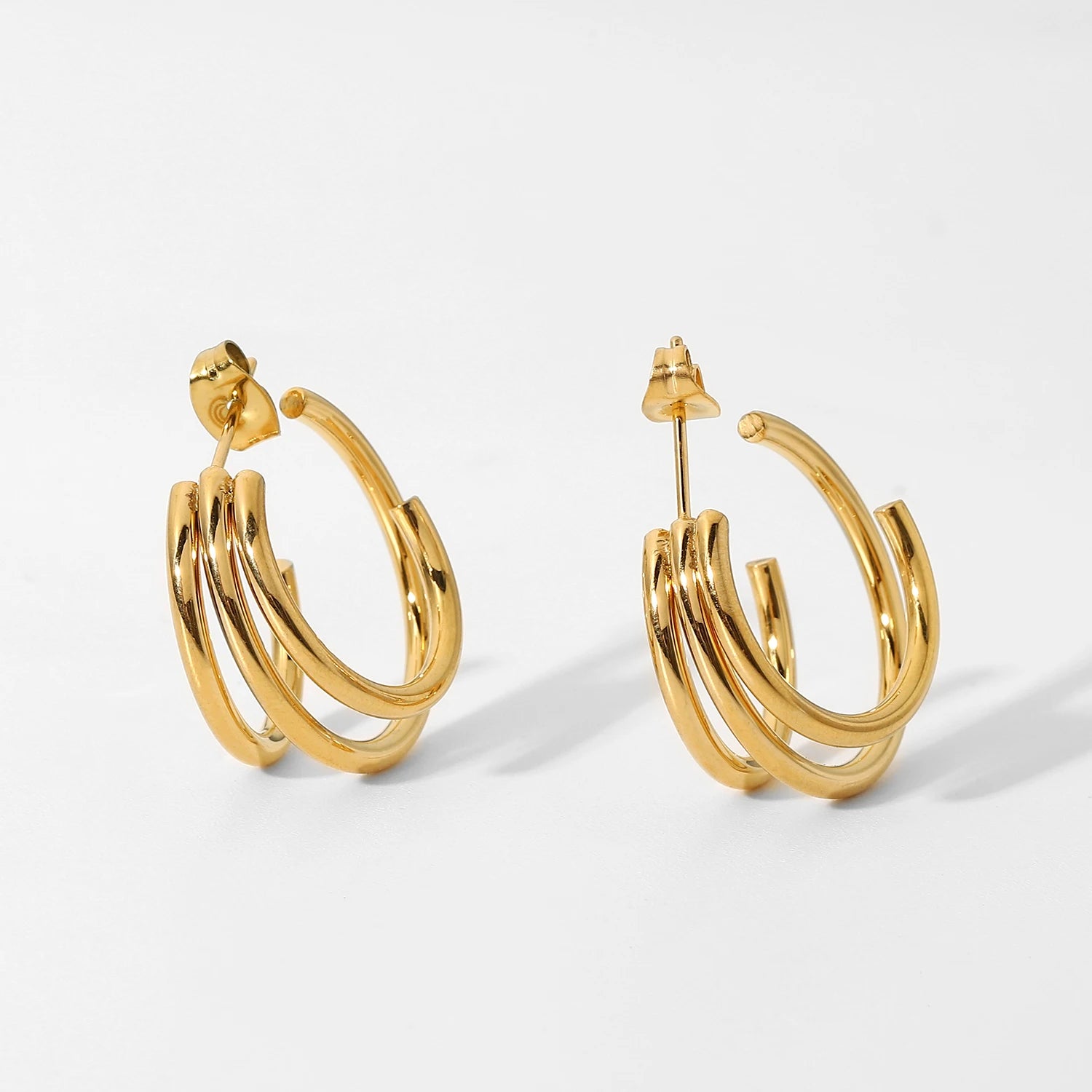 Dainty Lady Jewelry Stainless Steel Round Earrings Hypoallergenic 18K Gold Plated Three Layered Hoop Earrings