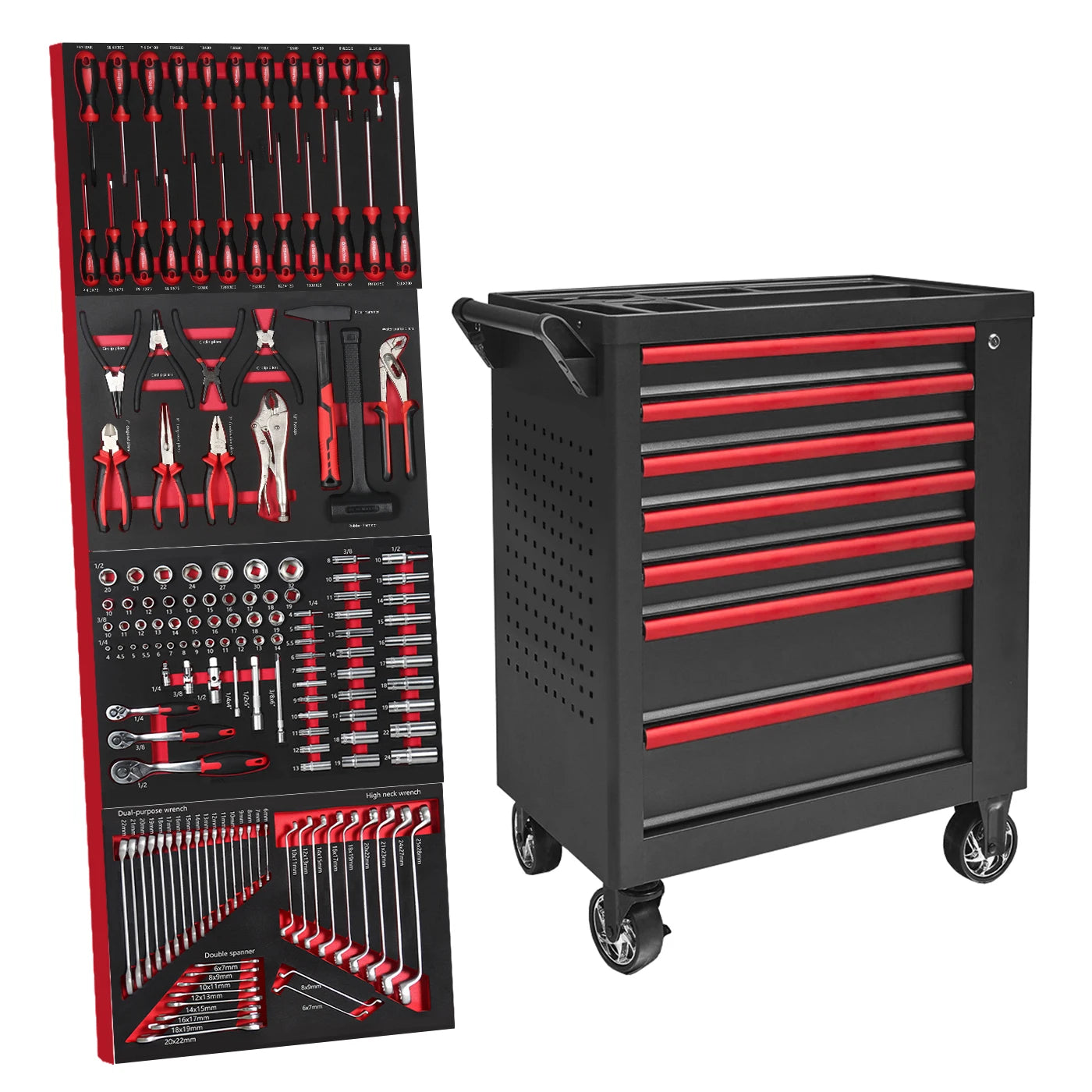SKY HAMMER TC-3007R 7 Drawers Trolley 148pcs Tools 4 EVA Foam Trays OEM Customizable Auto Repair Tool Cart Set 1-Year Warranty