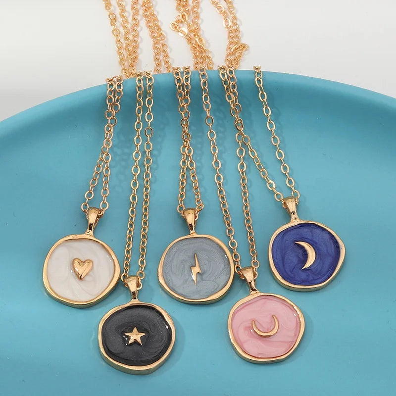 G.T 2022 Factory Fashion Alloy Drop Oil Star Moon Enamel Heart Charm Necklace Gold Plated Fine Jewelry