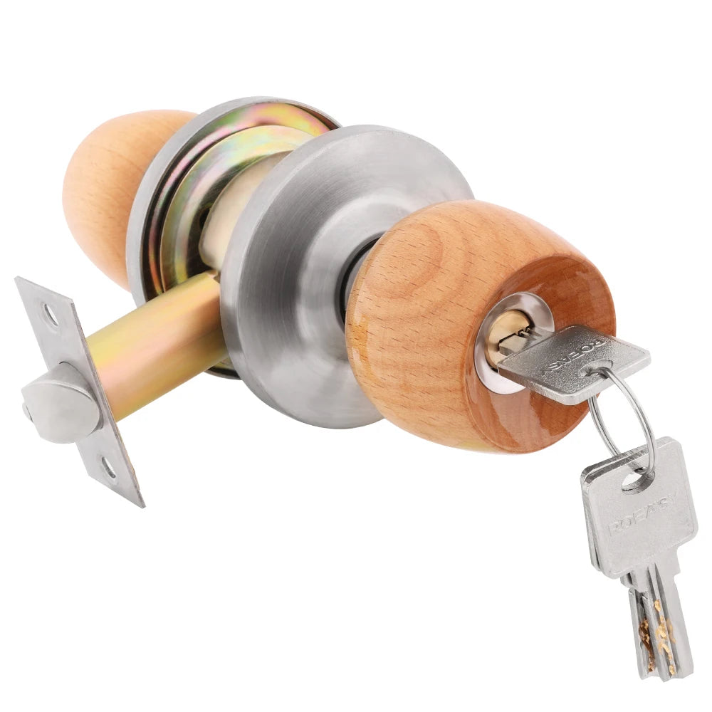 Roeasy Modern Design Beech Wooden Round Knob Door Lock with Brass Key for Bedroom Use