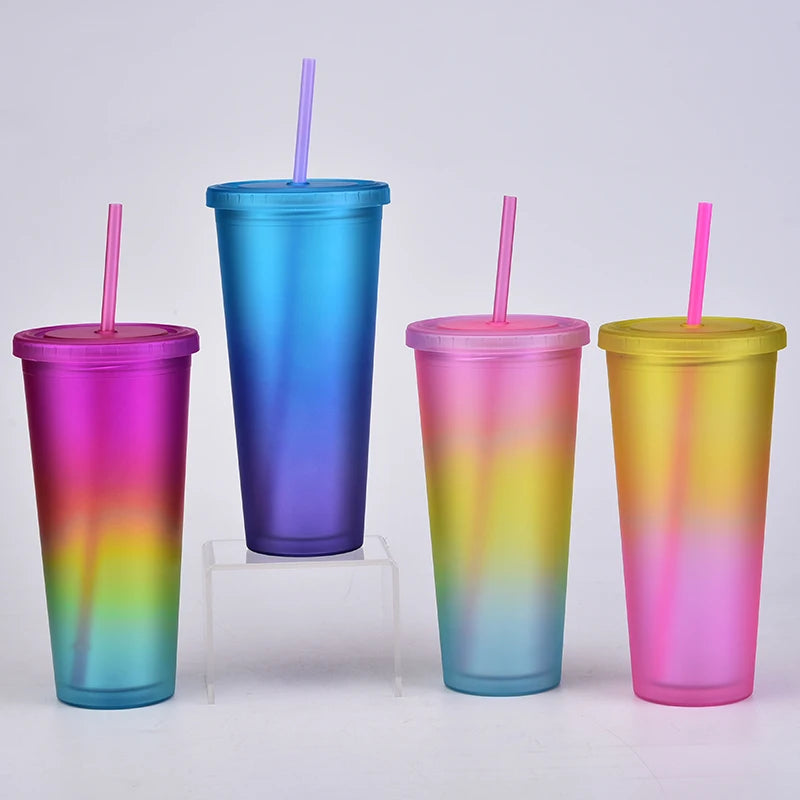 Rainbow-Hued Trendy Ins Style Double-Walled Eco-Friendly Plastic Straw Tumbler 700ml Matte Portable Outdoor Sports Drinking