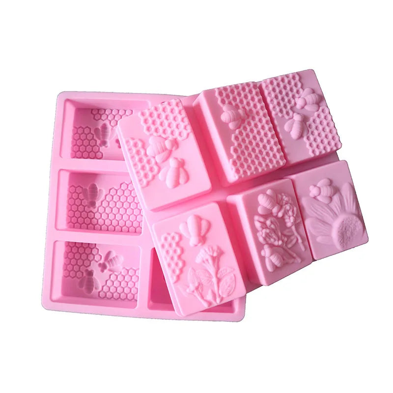 6 Holes 3D Bee Honeycomb Flower Rectangle Silicone Resin Mold Beehive Candle Mold for Homemade Craft Custom Soap Molds
