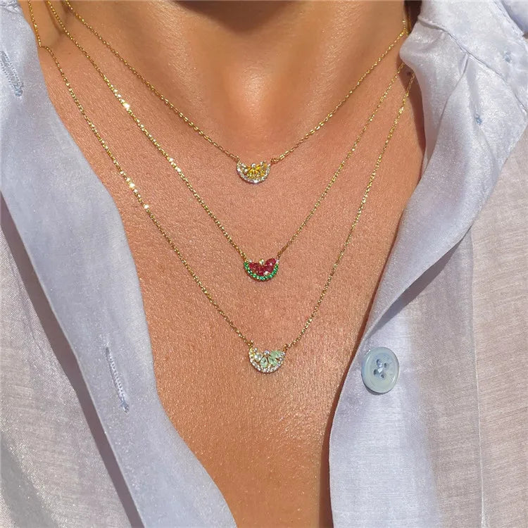 SP Simple Fashion Jewelry 18k Gold Plated Crystal Zircon Charm Pendant Fruit Cute Womens Necklace
