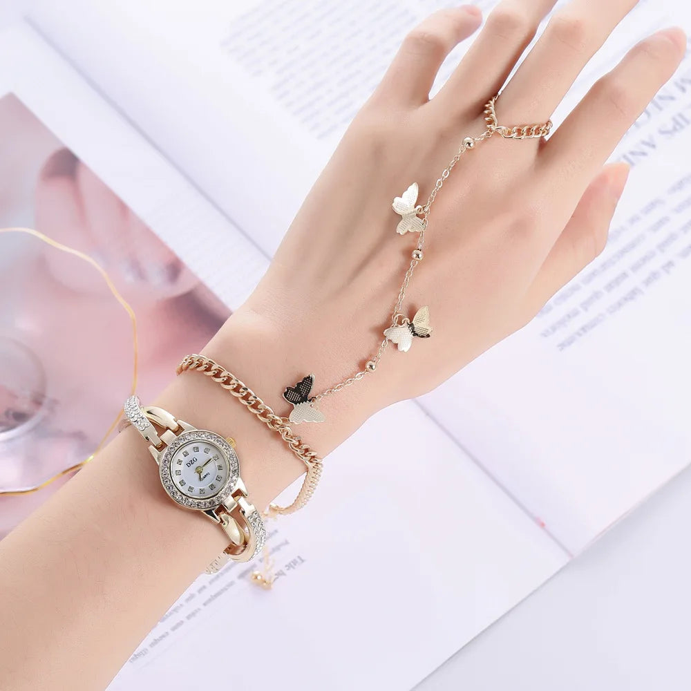 2025 Fashion Gold Butterfly Chain Ring Bracelet Gift Watch Set Small Dial Thin Belt Quartz Watch Set for Women
