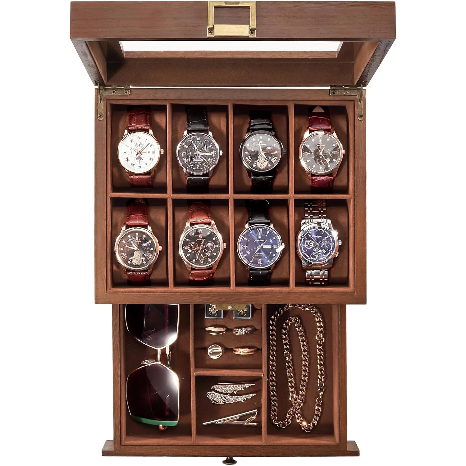 Wooden Watch Box Storage Box with Drawer 2-story Display Box Storage Box with Watch Bracket Jewelry & Watch Storage Box
