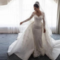 Wholesale AL1296 Hot Sale White Wedding Dress Detachable Tail Mermaid Sweetheart Lace High End Long Sleeve Ball Gown Crystal