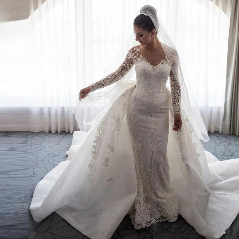 Wholesale AL1296 Hot Sale White Wedding Dress Detachable Tail Mermaid Sweetheart Lace High End Long Sleeve Ball Gown Crystal