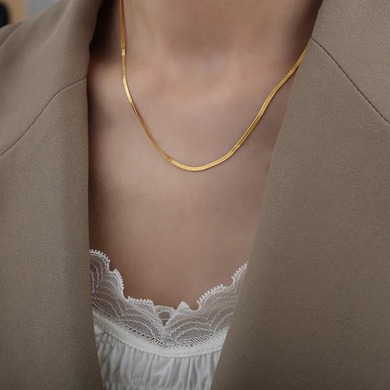 Style Retro Simple Personality Clavicle Chain Blade Chain Stainless Steel 18K Gold Plated Flat Design Choker Necklace for Women