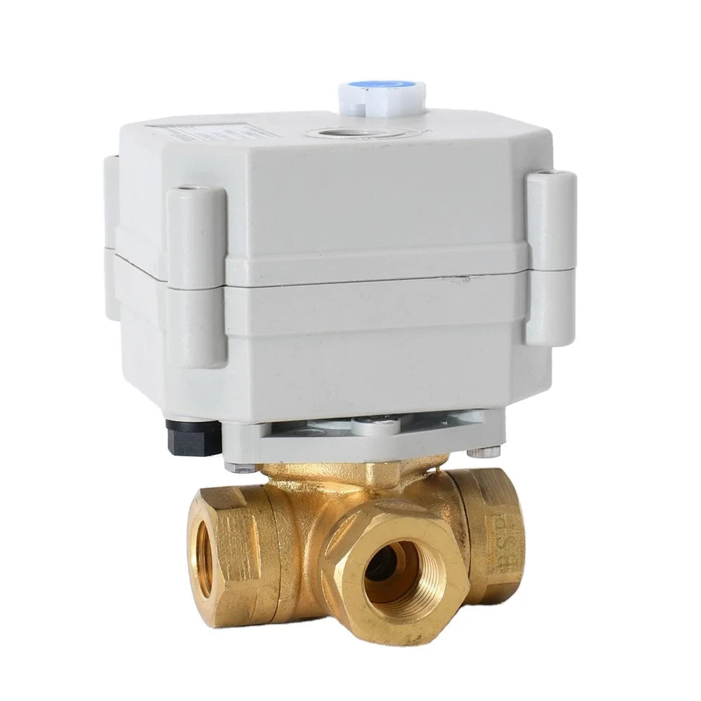 1/4'' 3-Way Motorized Brass Ball Valve 9-24VAC/DC or 110-230VAC Auto Return NO/NC Failsafe With Manual Override