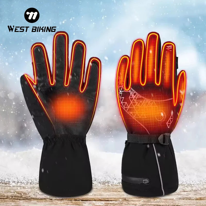 WEST BIKING Men's Waterproof PU Electric Heated Gloves Rechargeable Battery Winter Ski Motorcycle Racing Cycling Sports Gloves