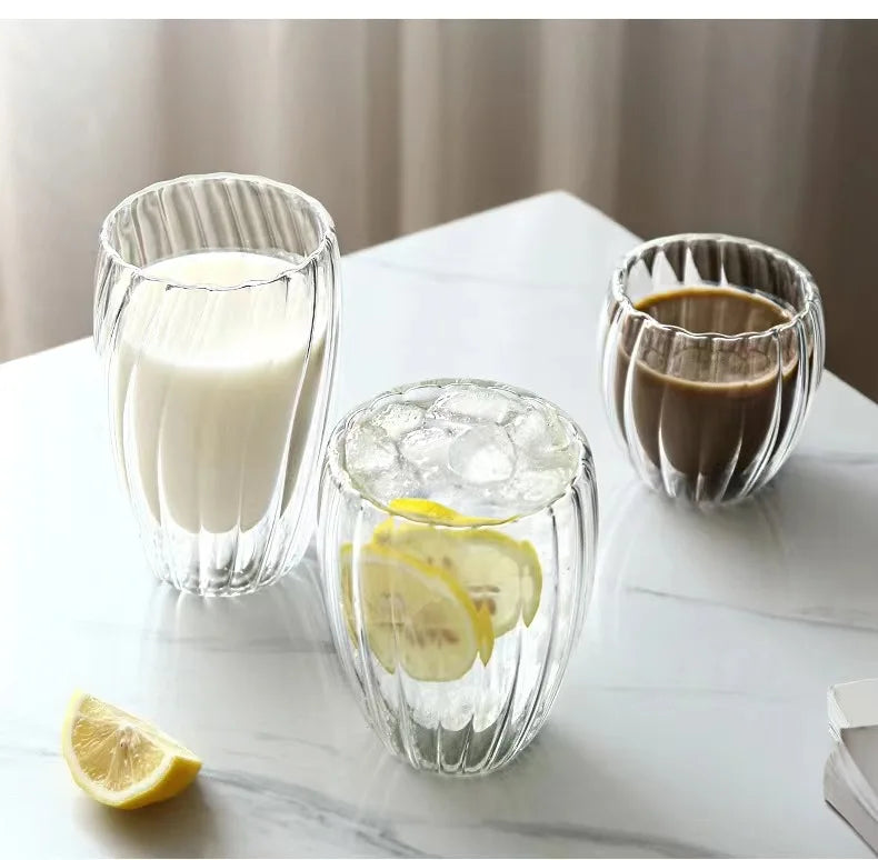 BPA-Free Clear Vertical Stripe Double Wall High Borosilicate Glass Cup New Design Handle for Party Serving Coffee Juice-Type