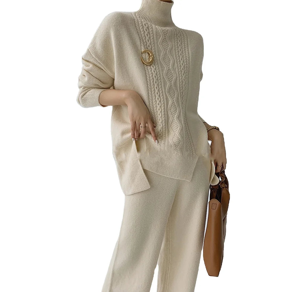 Women's Casual Autumn Winter Slim Knit Set Thickened Loose High Neck Sweater with Wide Leg Pants Solid Pattern Two Piece Set