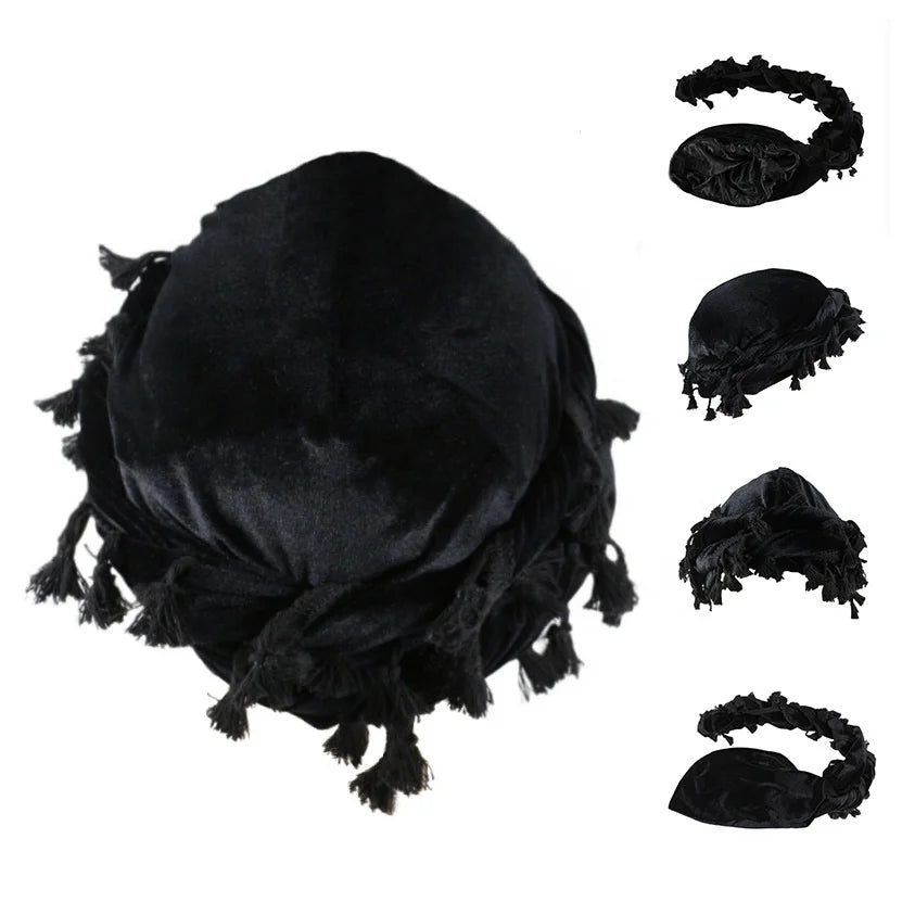 Factory Price Designed Silky Satin Lined Tassels Turban Velvet Headwrap Long Braids Band for Men
