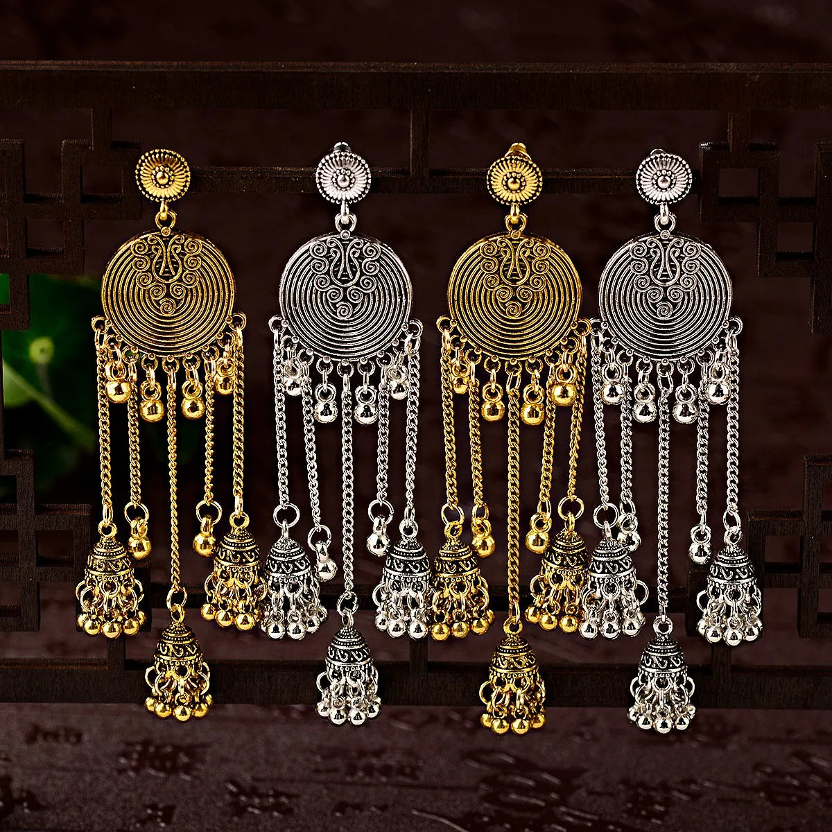 Egypt Turkish Classic Antique Women's Round Alloy Long Chain Tassel Jhumka Earrings Indian Dangle Drop Earrings