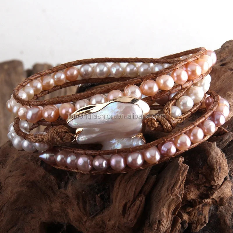 Boho Bracelet Women Gift Handmade Irregular White Pink Purple Freshwater Pearl Bracelet Lucky 8 Charm 3 Strands Wrap Bracelets