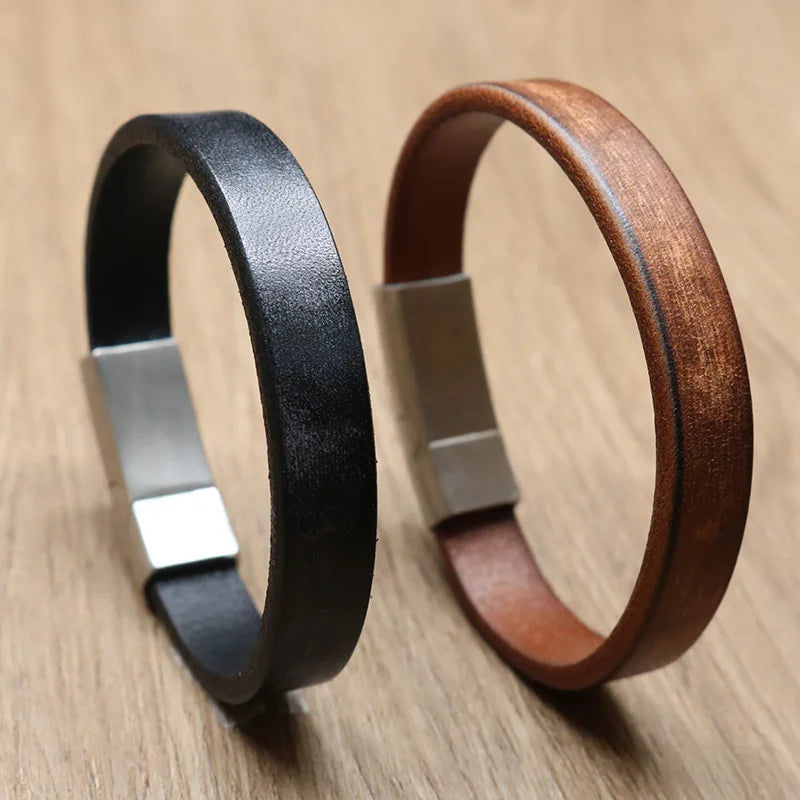 Hot Sale Personalized Fashion Genuine Leather Bracelet With Stainless Steel Magnetic Clasp Simple Retro Mens Jewelry Bangle Gift
