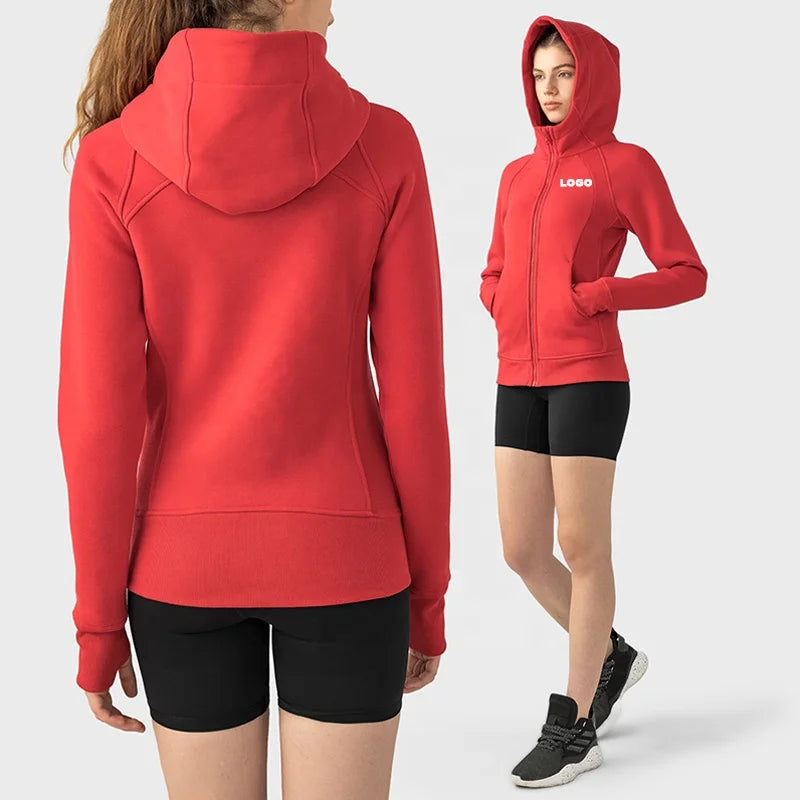 Womens Long Sleeve Fleece Lined Hoodie Jacket Full Zip Thumb Hole Windproof Sweatshirts Thick Outwear Training Sports Jacket
