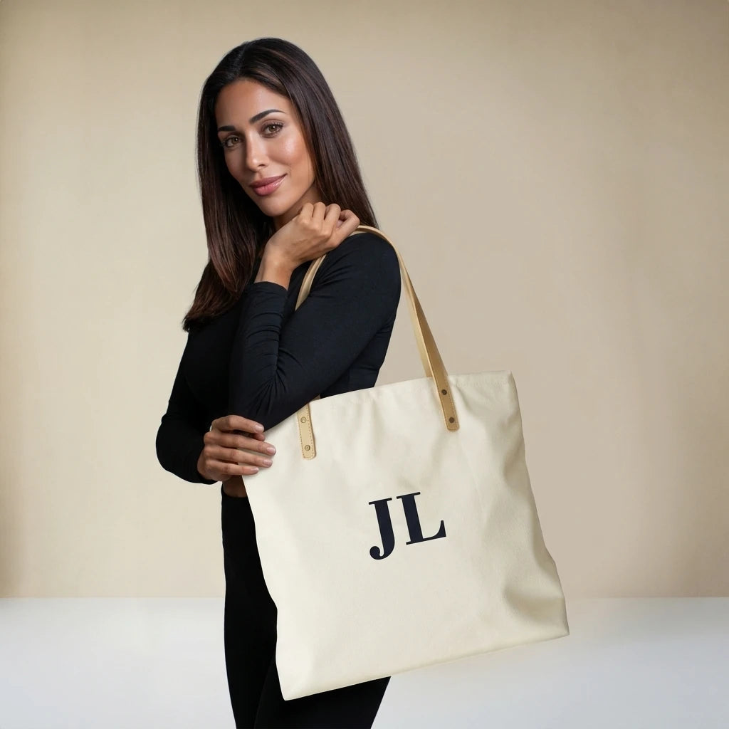 Custom New Fashion Logo Color Handles Tote Bag with Leather Handle Printed Cotton Canvas Shoulder Bags Letter Pattern