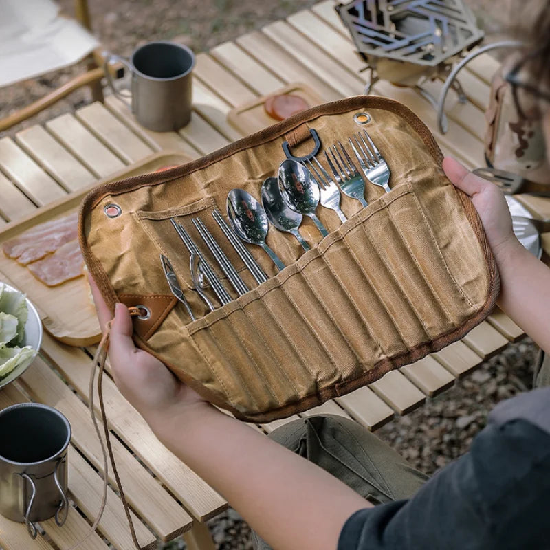 Camping Tableware Storage Bag Cutlery Organizer Roll Holder Waxed Canvas Spoon Chopsticks Fork BBQ Picnic Carry Case Pouch