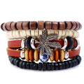 Summer Alloy Maple Leaf Plant Multilayer Leather Bracelet Set Simple Vintage Wood Bead Leather Bracelet