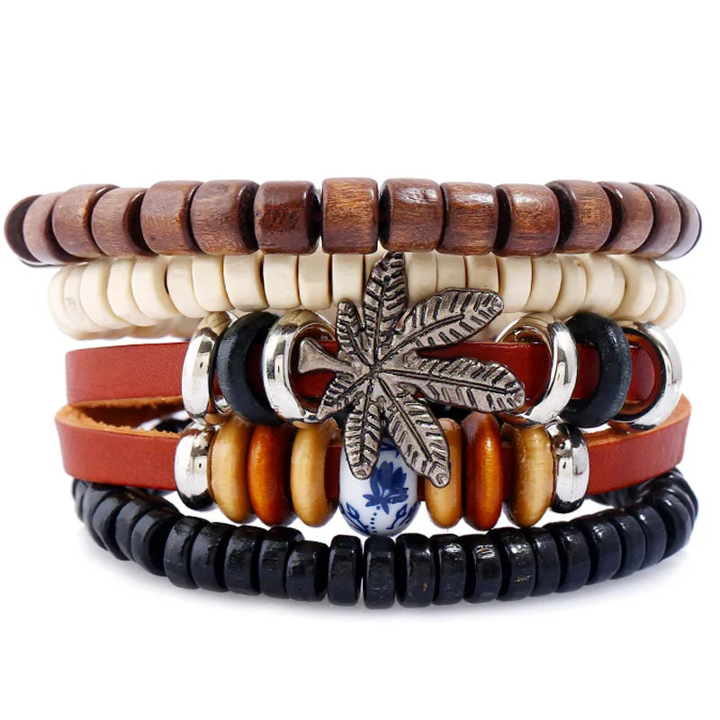 Summer Alloy Maple Leaf Plant Multilayer Leather Bracelet Set Simple Vintage Wood Bead Leather Bracelet