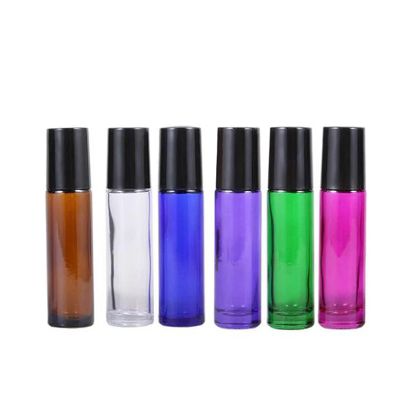 BYPE by PERFUME 10ml Flat Glass Perfume Roll on Bottle Stainless Steel Metal Roller for Ball in Pink Blue Green Amber-Refillable
