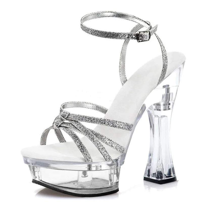 Crystal thick heel 14cm platform leaky toe Stripper High Heels Club Black Sequin pole dance fashion large sandals