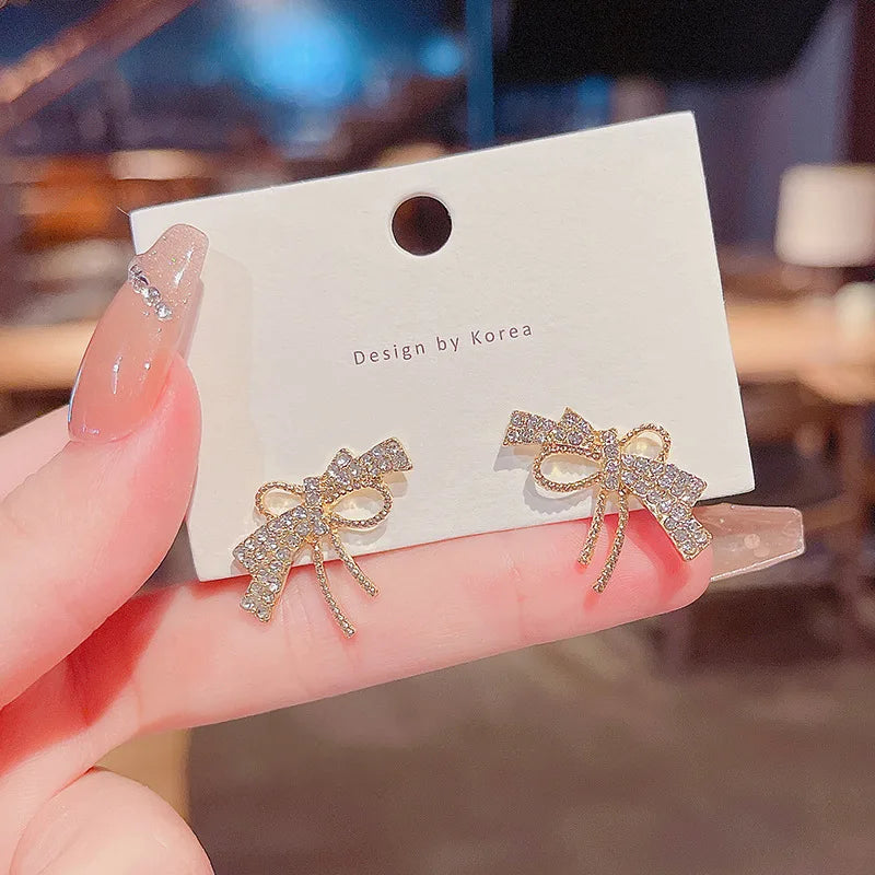 S925 Silver Needle Full Diamond Flower Earrings 18k Gold Plated Shiny Zircon Cz Bow Earrings Crystal Rhinestone Earring