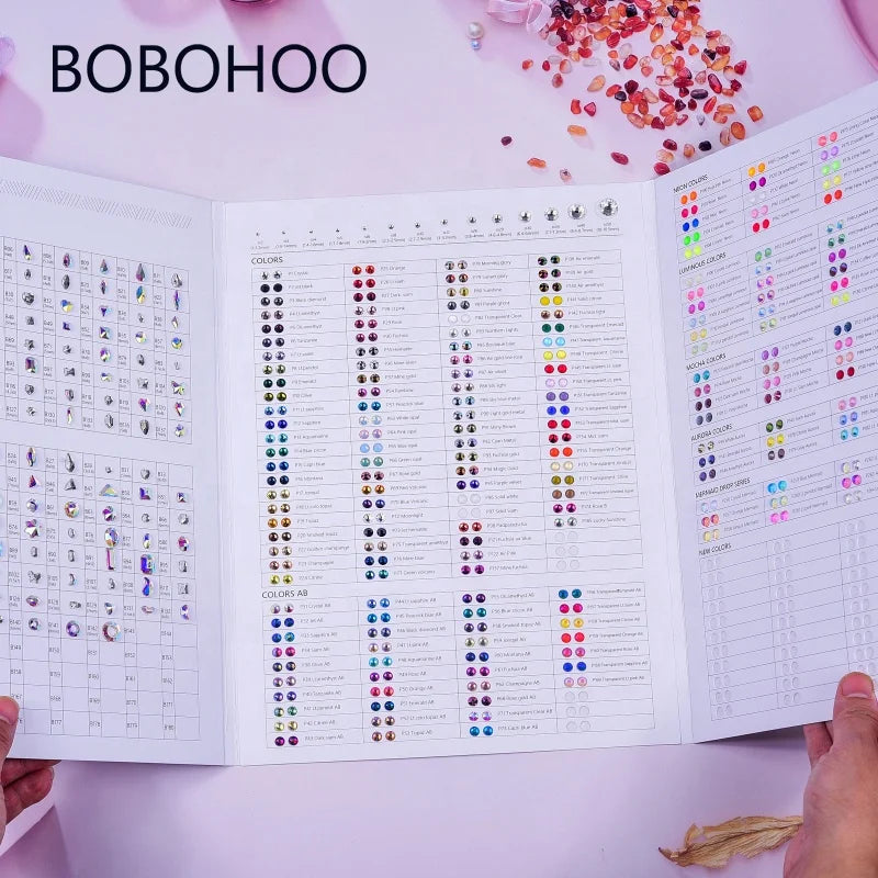 BOBOHOO Non Hot Fix Rhinestones Color Chart Nails Glass Rhinestones for Decorations Stones Crystals Flatback Art Over 400 Colors