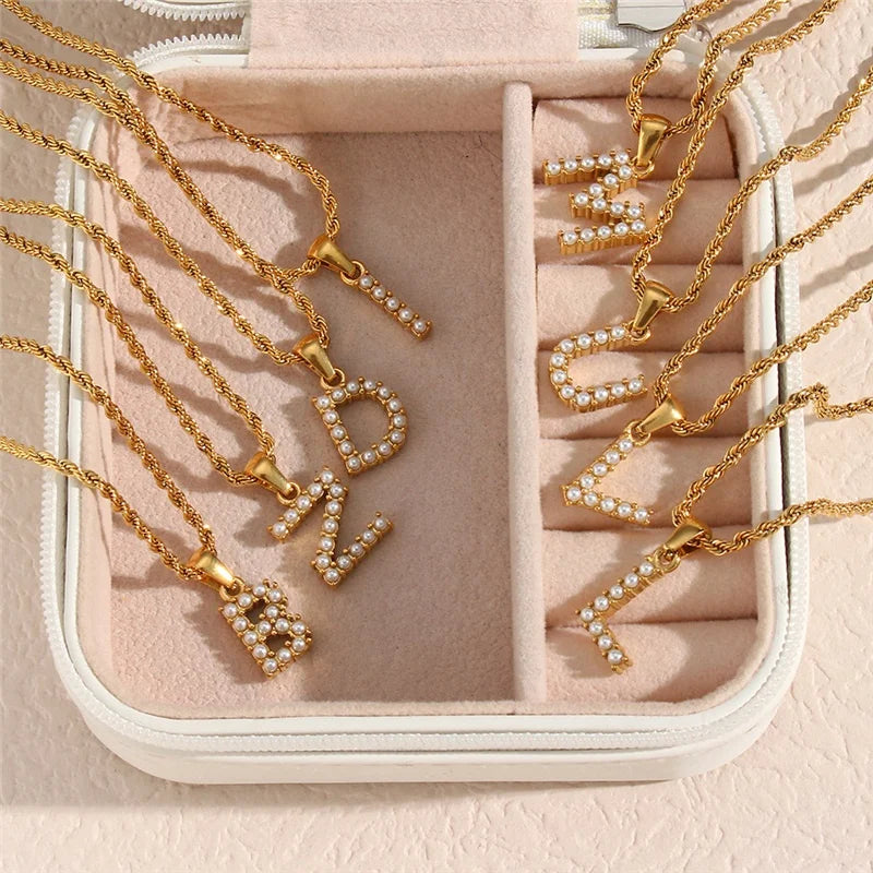 Waterproof Stainless Steel 18K Gold Plated Trendy A-Z Initial Letter Pearl Pendant Necklace Women Chunky Twist Rope Chain Choker