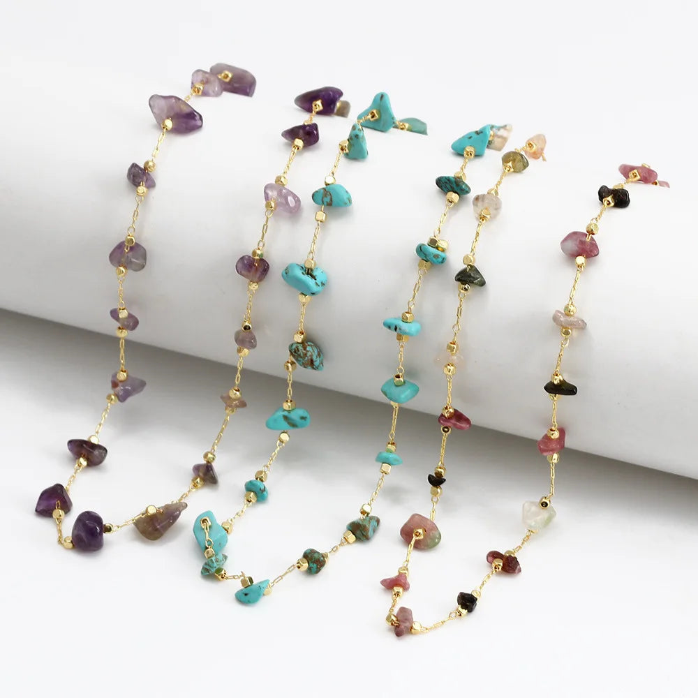 Hot Sale Bohemia Crystal Bead Necklace Adjustable Brass Colorful Irregular Natural Stone Necklace for Women Girls