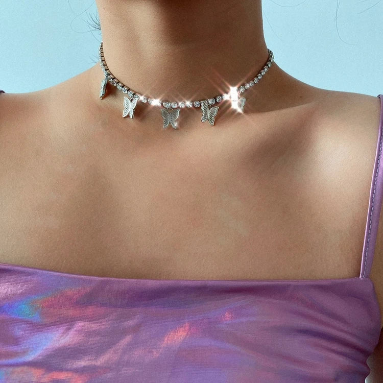 Female Fashion Wedding Party Girl Jewelry Shine Choker Rhinestone Gold Tennis Chain Butterfly Necklace for Women