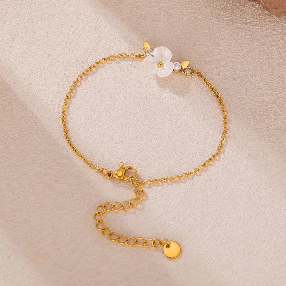 Wholesale Dainty Chic Elegant Artifical Shell Flower Chain Zircon Charm Bracelet Fashion Jewelry Link Bracelets Stainless Steel