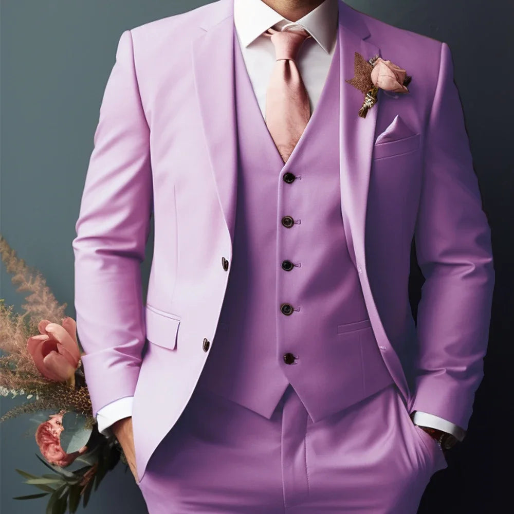Lavender Single Breasted 3 Pieces Male Suit Vest Formal Suit for Men Pants Flat Collar Blazer Suits Wedding Party Men's Clothing