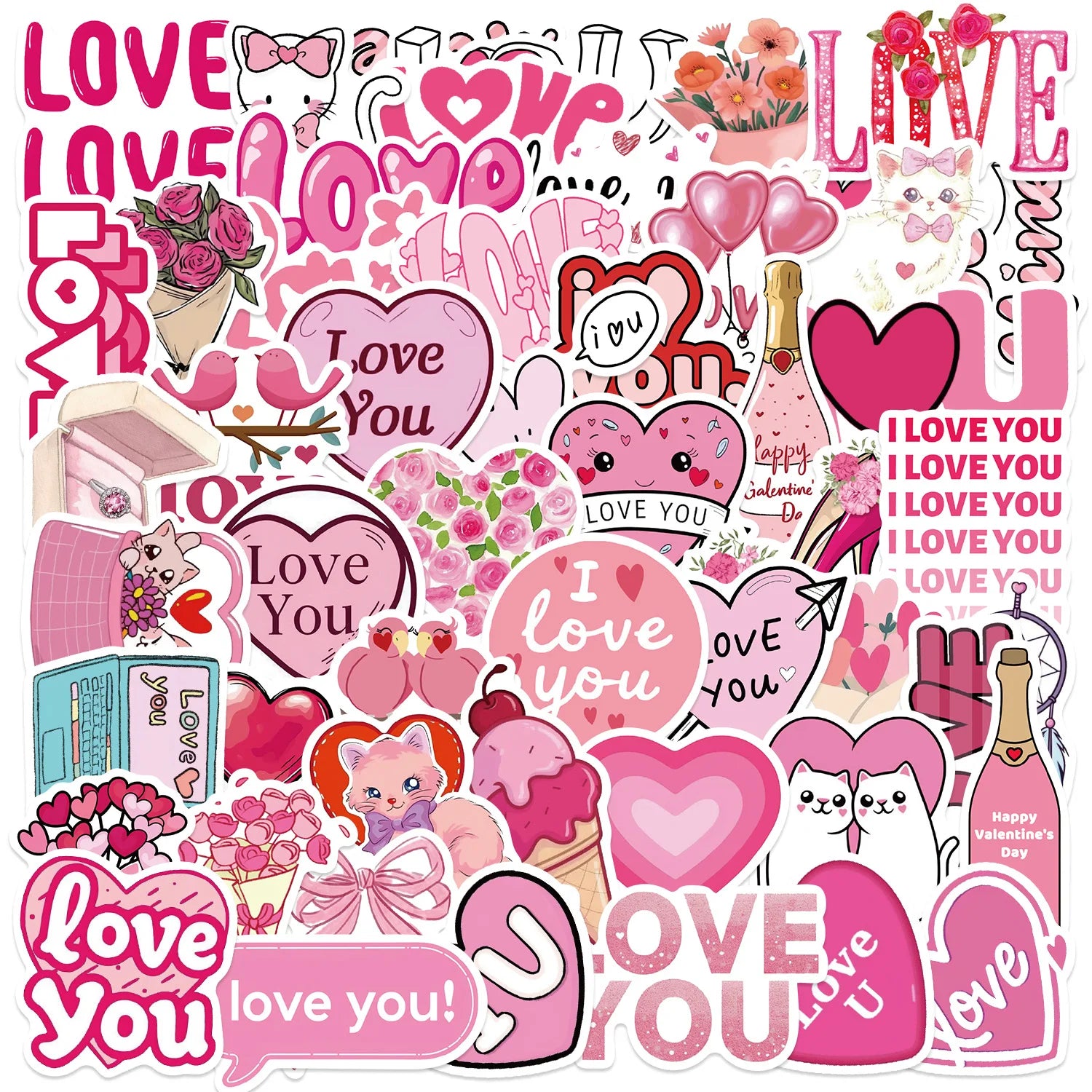 50Pcs Pink I Love You Love Heart Graffiti Stickers for Envelope Phone Decor Valentines Gift Sticker