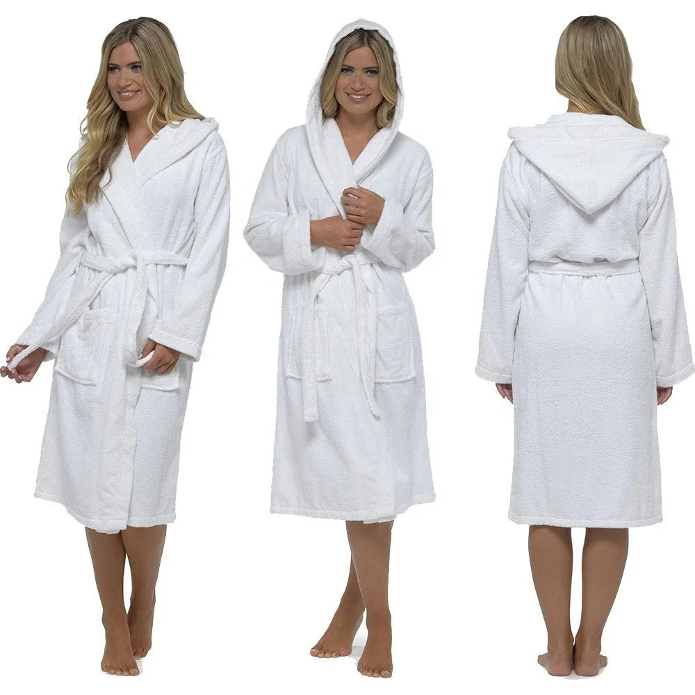 Wholesale Custom White 100% Cotton Terry Toweling Hotel Spa Women Luxury Hooded Couple Bathrobe Set for Men
