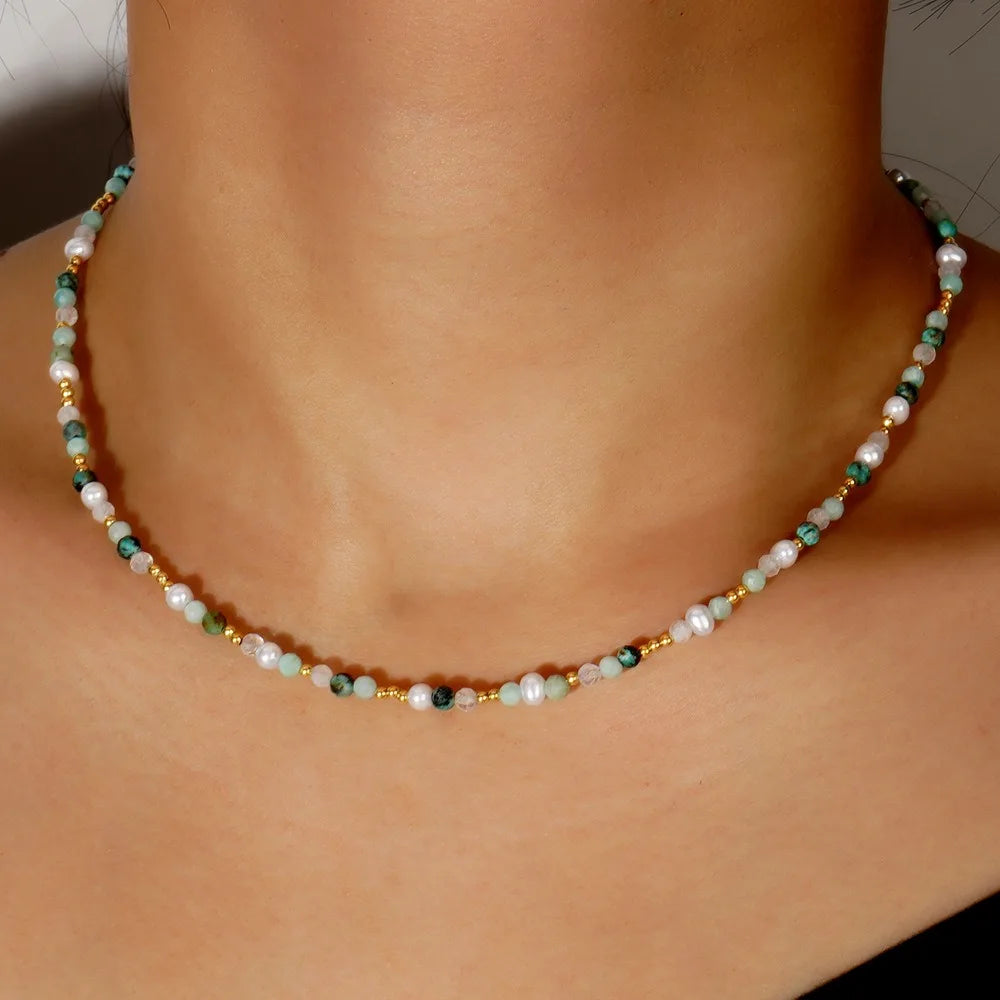 Luxury Natural Stone Necklace African Turquoise Beaded Necklace Green Aventurine Clavicle Chain Jewelry for Women Girls Gift