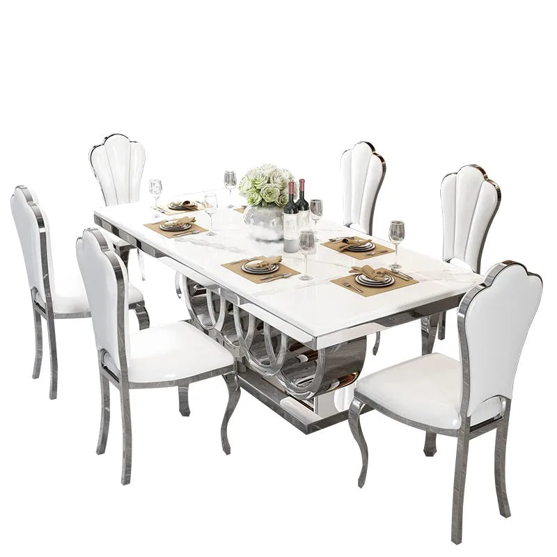 Wedding Leg Dining Tables Sets Stainless Steel Marble Stone Top With Silver Metal Base Modern Luxury Dining Room Furniture