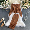 Sexy V-neck Women Knitted Skirt Suits Autumn Winter Batwing Sleeve 2 Pieces Elegant Party Female Sweater Dress