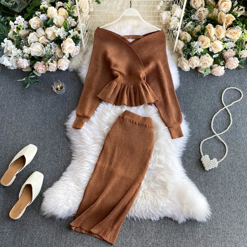 Sexy V-neck Women Knitted Skirt Suits Autumn Winter Batwing Sleeve 2 Pieces Elegant Party Female Sweater Dress