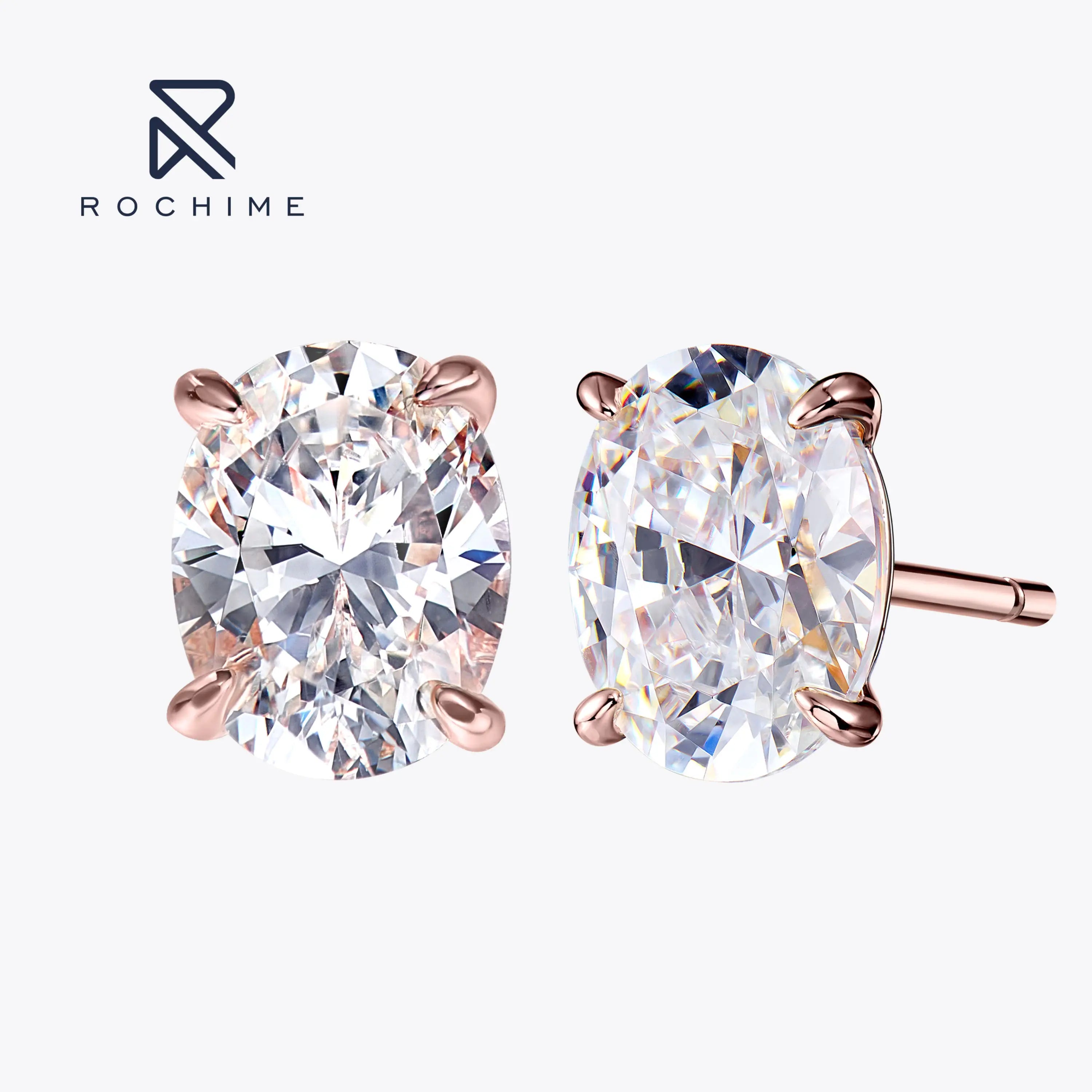 Rochime Designer Fashion Oval Cut Stud Earrings 925 Sterling Silver Rose Gold Plated 5a Zircon Fine Jewelry for Women