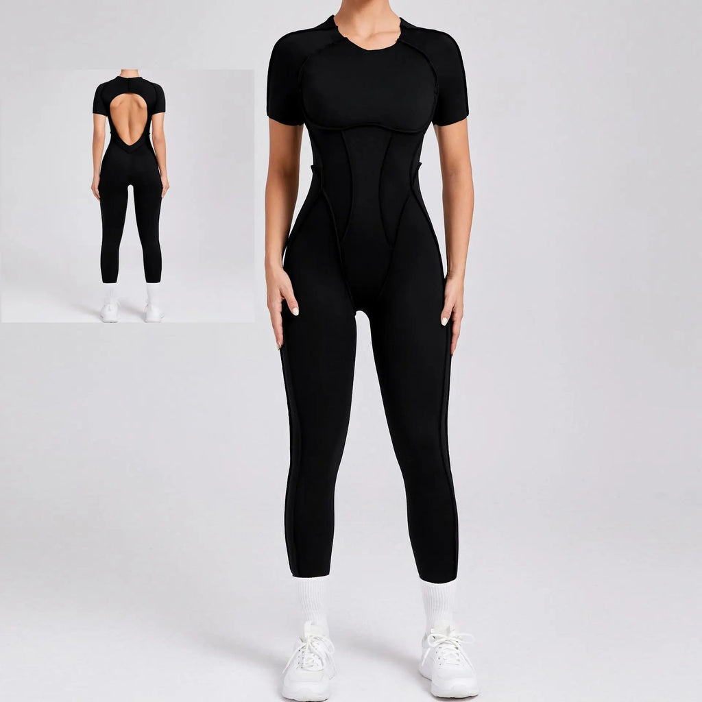 2025 New Sports Women's Gym Jumpsuit Black Neck Long Pants Bodysuit Three-Dimensional Splicing Backless Short Sleeves Wiring
