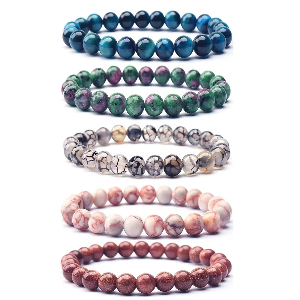 Natural Crystal Beads Stone Bracelet for Women Trendy 6/8/10mm Amethyst Rose Quartz Turquoise Onyx Agate Bead Bracelet