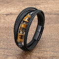 Handmade Multi-layer Leather Bracelet High Stainless Steel Buckle Natural Tiger Eye Stone Leather Rope Bracelet