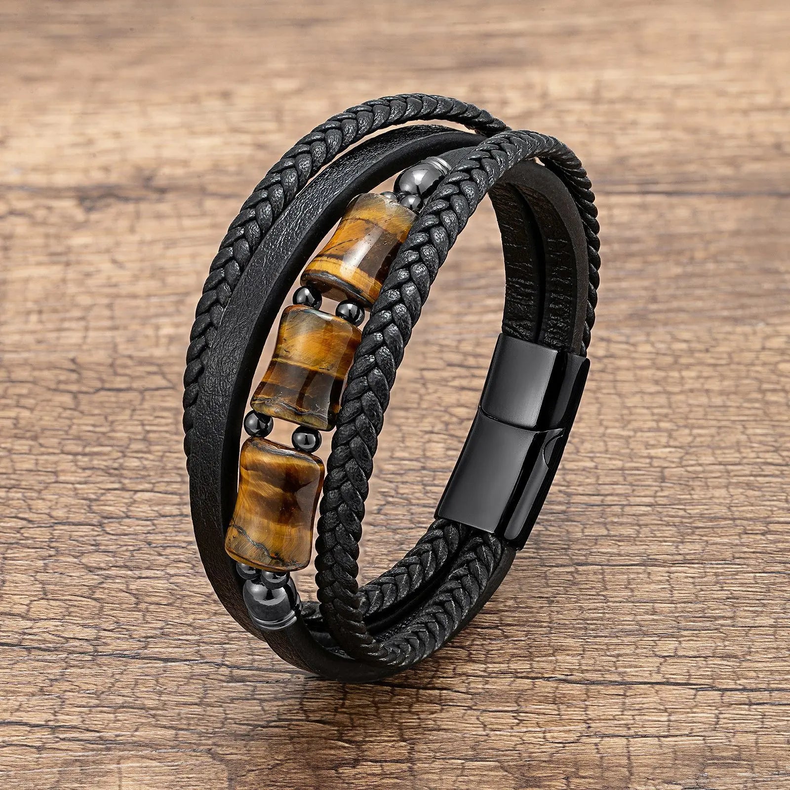 Handmade Multi-layer Leather Bracelet High Stainless Steel Buckle Natural Tiger Eye Stone Leather Rope Bracelet