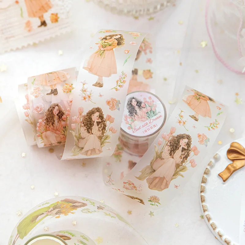 2M/Roll Tape Cupped Flower Girl Series Literary Girl Handbook Decoration Material Loop Stickers